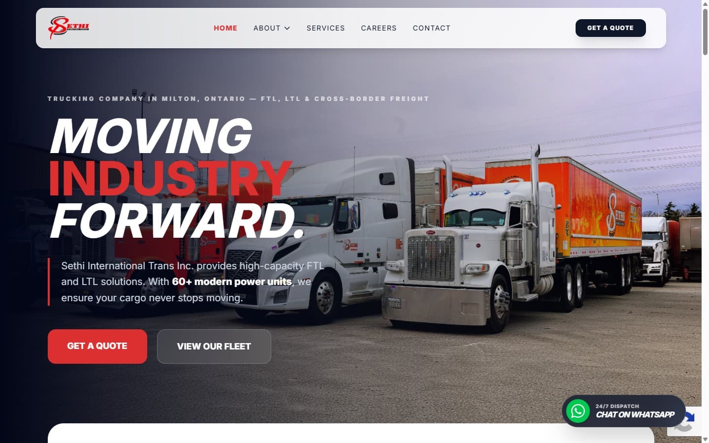 The home page of the Sethi International Trans website, showing trucks and a Get a Quote button