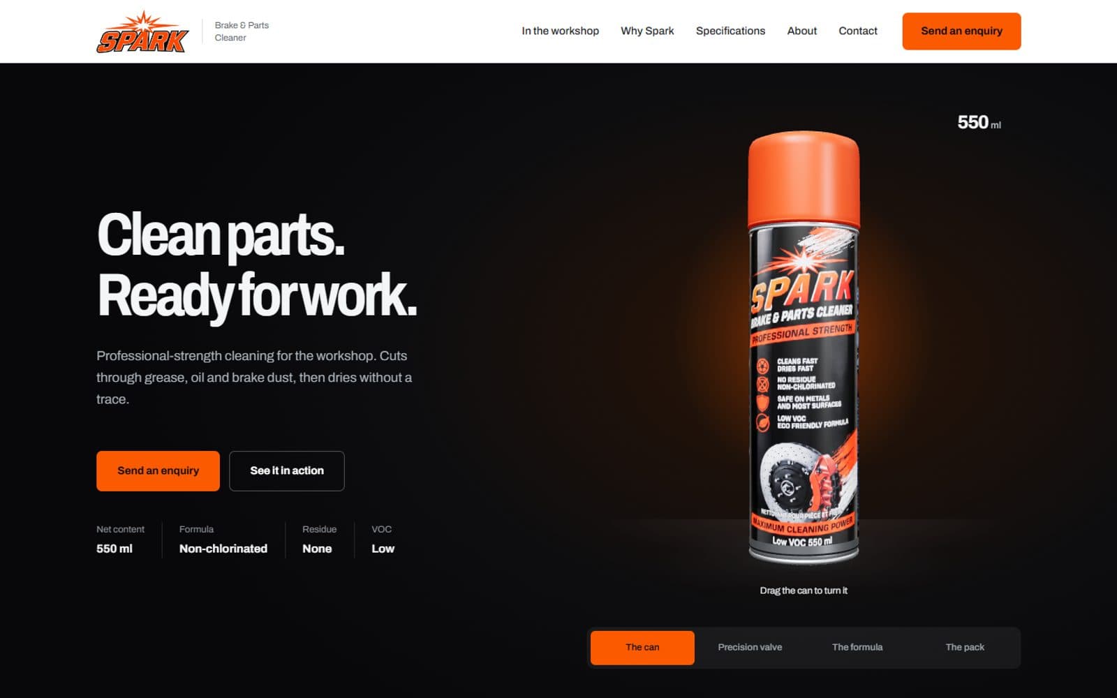 The Spark Brake & Parts Cleaner website: a 3D can of brake cleaner on a dark background